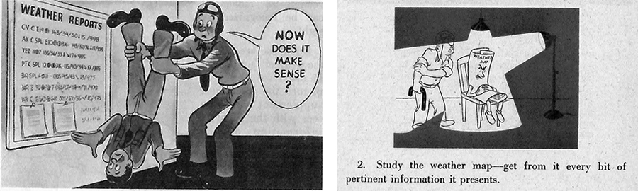 Cartoon of man upside down, trying to read weather report and cartoon of a weather map being interrogated