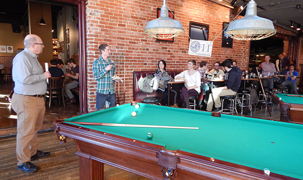 People gathered in Coopersmith's game room