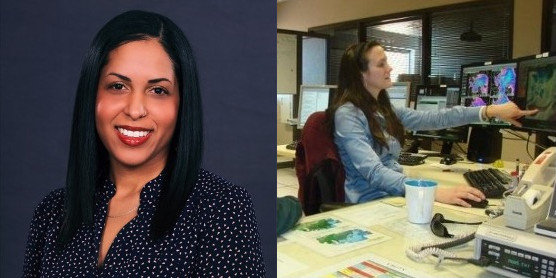 Headshot of Katurah McCants combined with photo of Becca Mazur working at her desk