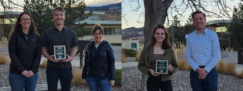 Two-panel photo with three people standing outdoors, including the 2023 Dietrich Scholarship winner, in the left panel, and two people standing outdoors, including the 2023 Shrake-Culler-Culler Scholarship winner, in the right panel