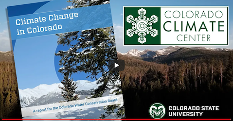Colorado mountain photo overlaid with cover of 2024 Climate Change in Colorado Report and the Colorado Climate Center logo