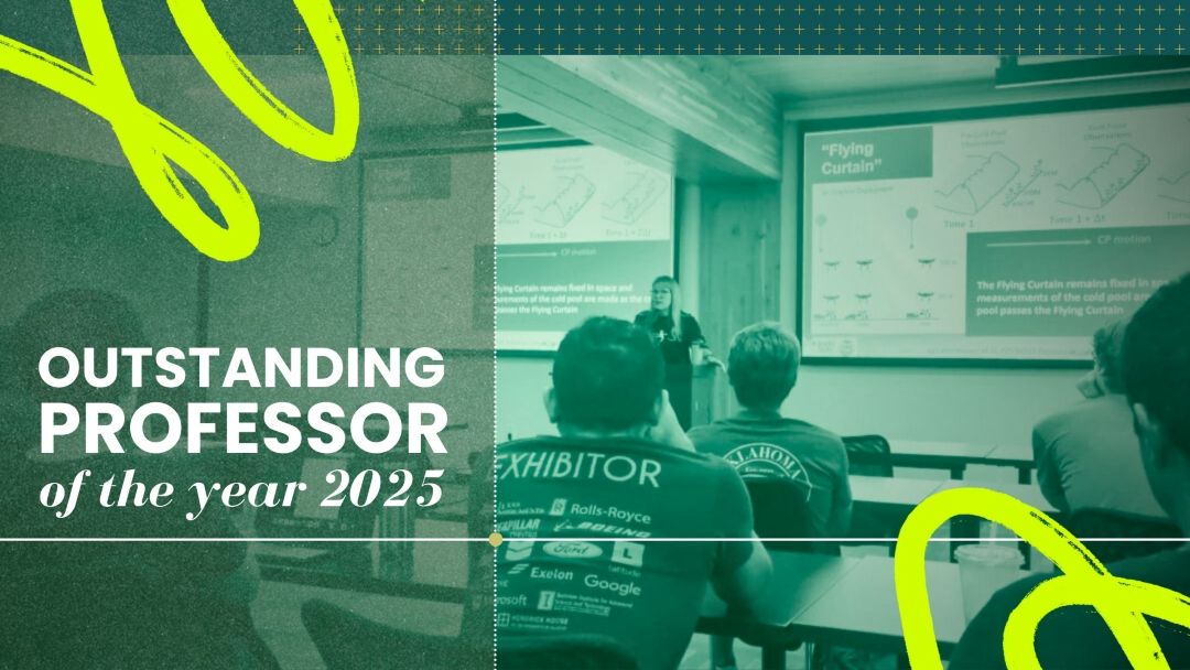 Outstanding Professor of the year 2025 text with photo of van den Heever presenting