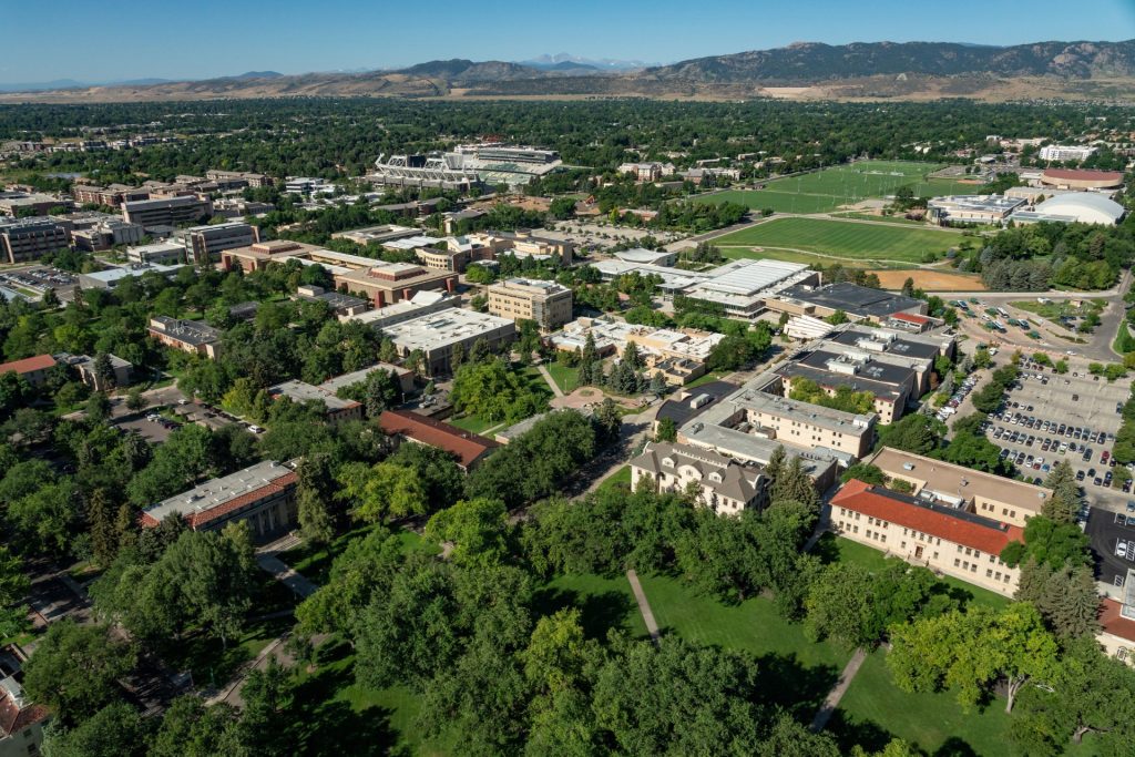 Aerial view of CSU campus on a warm day